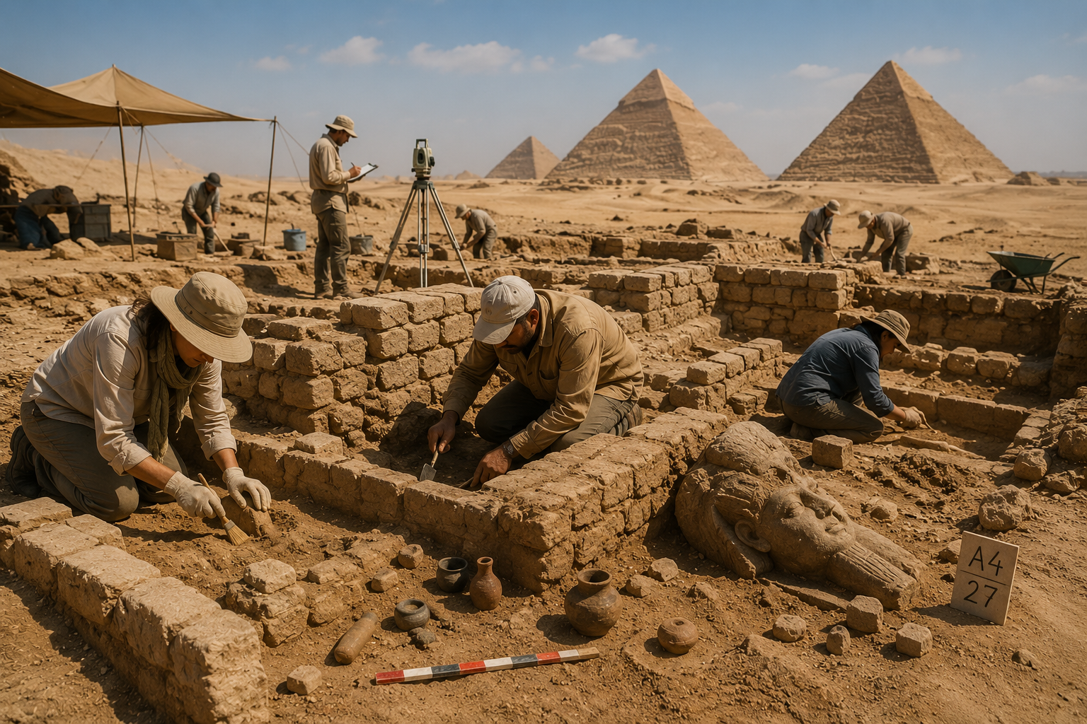 Archaeologists excavating an ancient Egyptian site in the desert