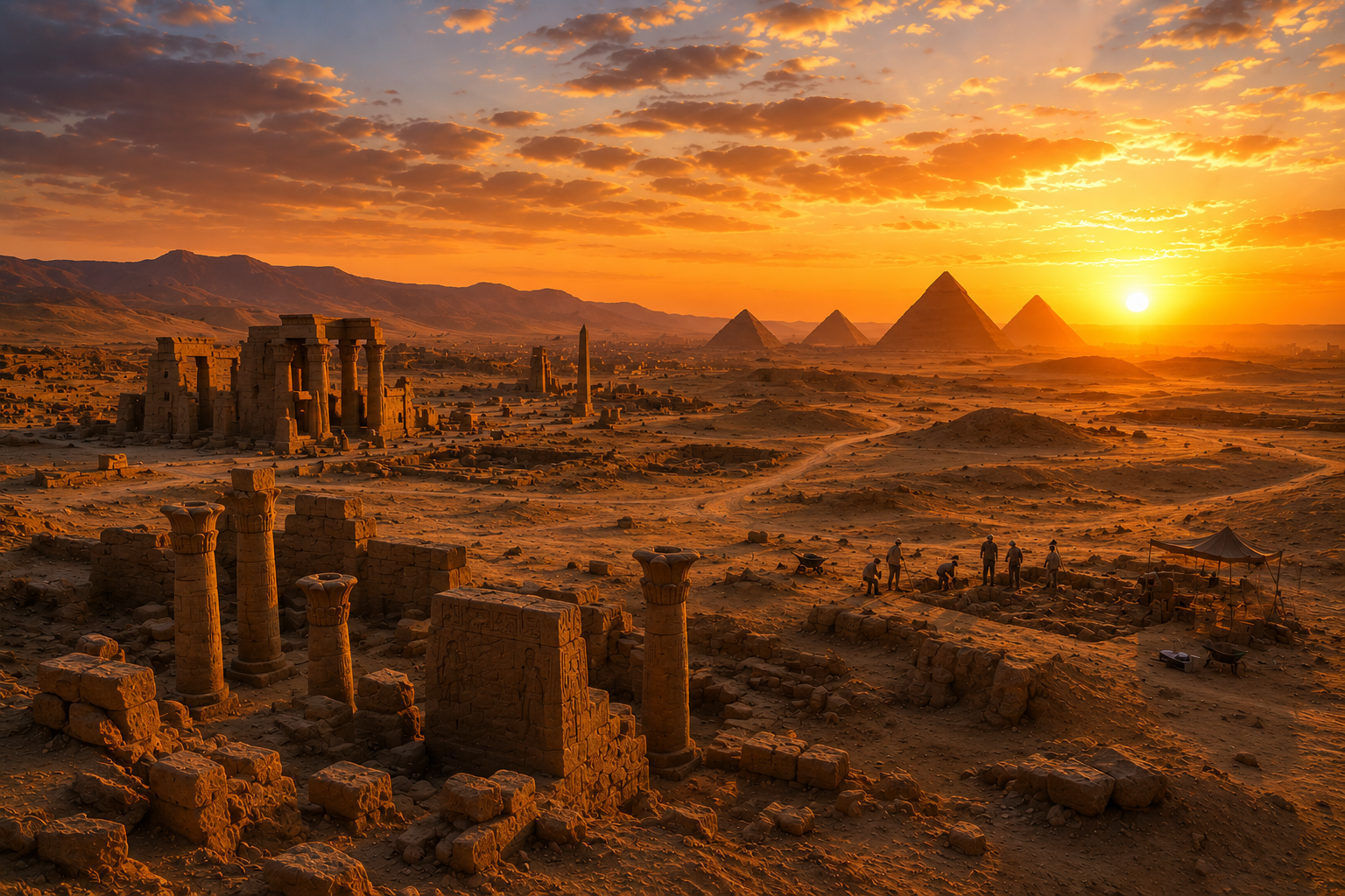 Sunset over ancient Egyptian ruins and ongoing archaeological excavation