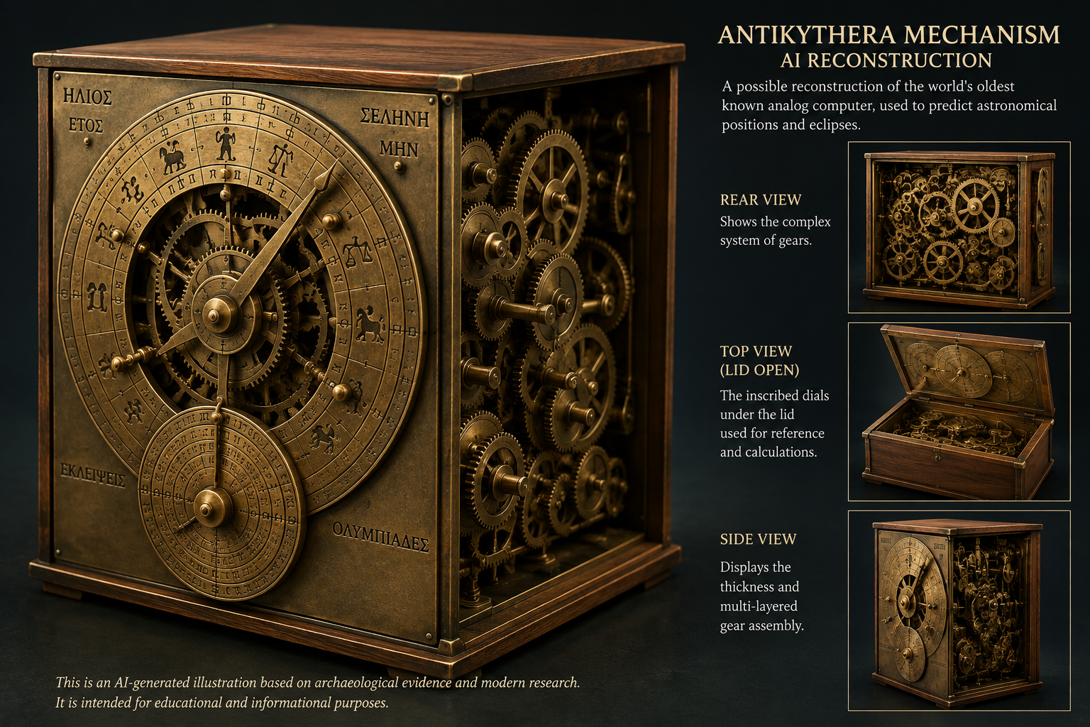 AI-generated reconstruction of the Antikythera Mechanism showing its intricate bronze gears and ancient Greek engineering.