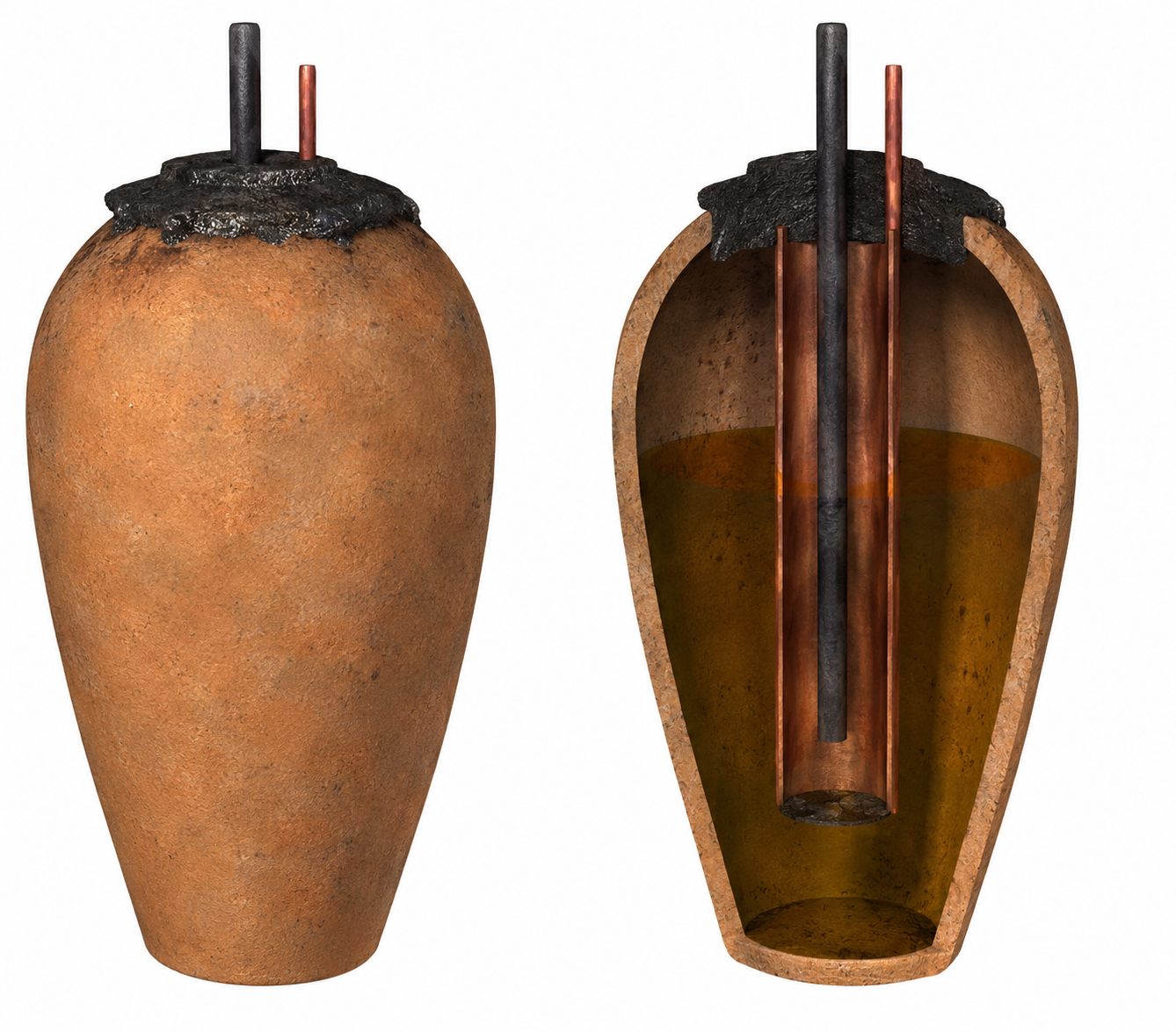 AI-generated reconstruction of the Baghdad Battery showing the clay jar, copper cylinder, iron rod, and hypothetical electrolyte solution