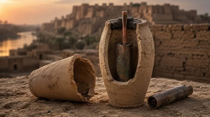 AI-generated reconstruction of the Baghdad Battery showing a clay jar with copper and iron components