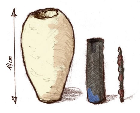 Illustration of the Baghdad Battery showing the clay jar, copper cylinder, and iron rod