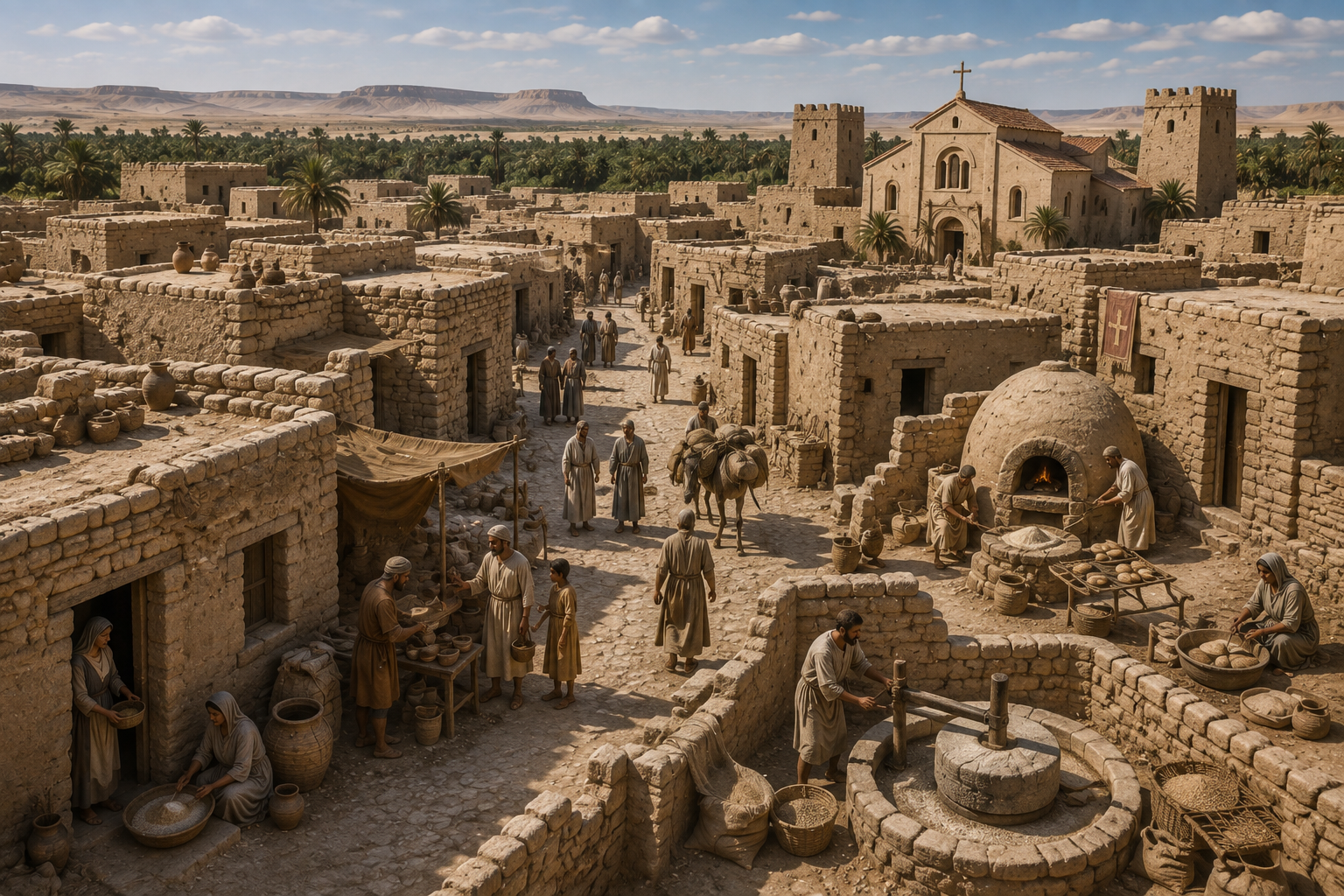 AI-generated illustration of daily life in a Byzantine-era settlement in Egypt's Dakhla Oasis