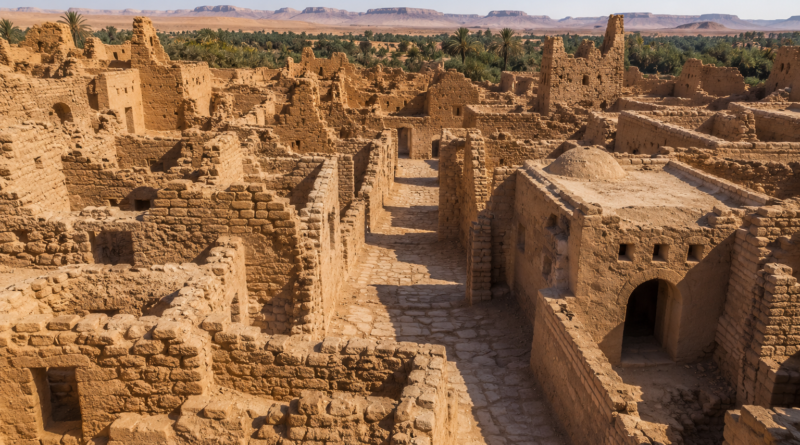 Dakhla Oasis Byzantine City AI reconstruction showing mud-brick buildings and ancient streets
