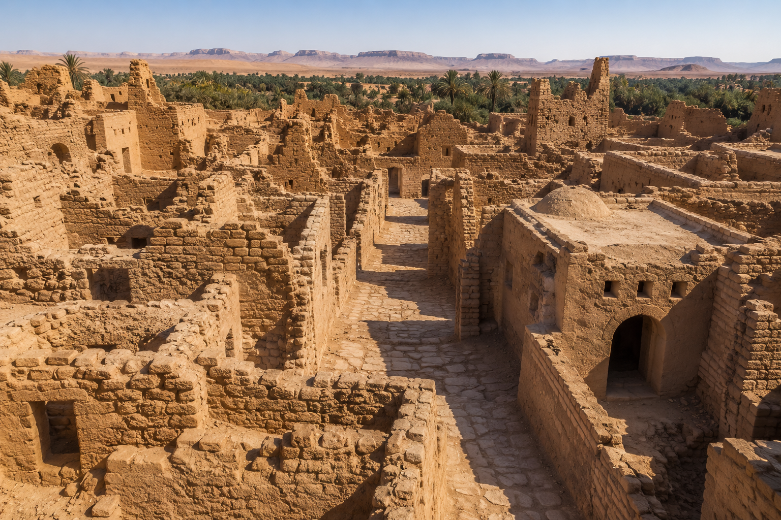Dakhla Oasis Byzantine City AI reconstruction showing mud-brick buildings and ancient streets