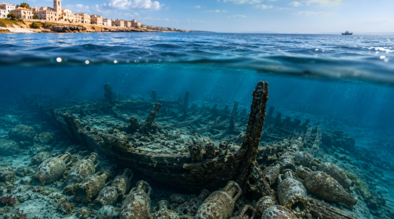 AI-generated reconstruction of a Roman shipwreck in Sicily surrounded by ancient amphorae