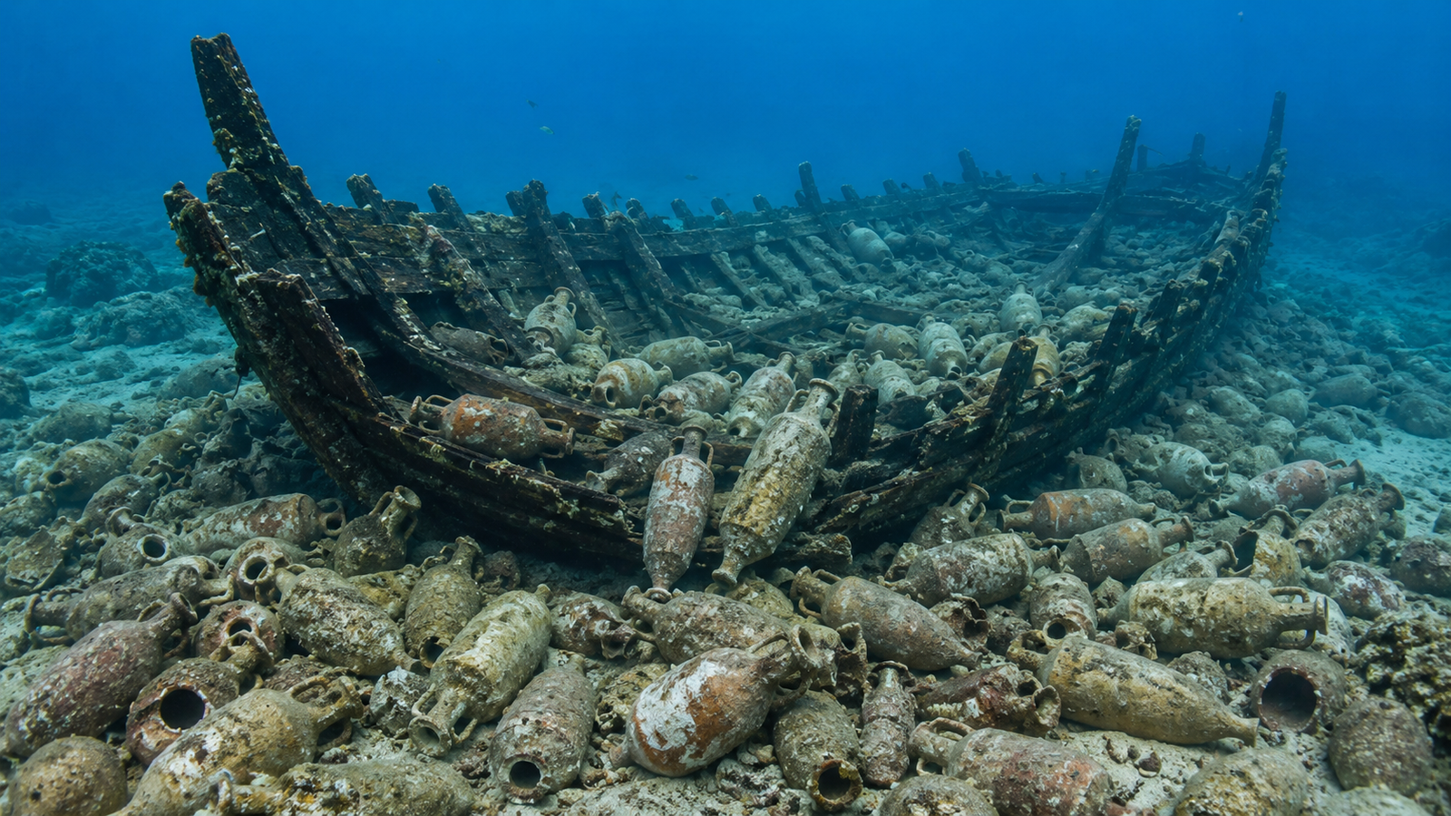 Roman Shipwreck Sicily AI reconstruction with ancient amphorae on the Mediterranean seabed